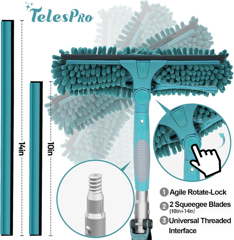 TelesPro 30 Feet High Reach Window Squeegee with 6-24 Ft Extension Pole, Window Cleaner Tool with 5-Stage Telescoping Pole, Window Cleaning Kit with Rotatable Head (2 Squeegee & 2 Microfibre Cloths) - Image 2
